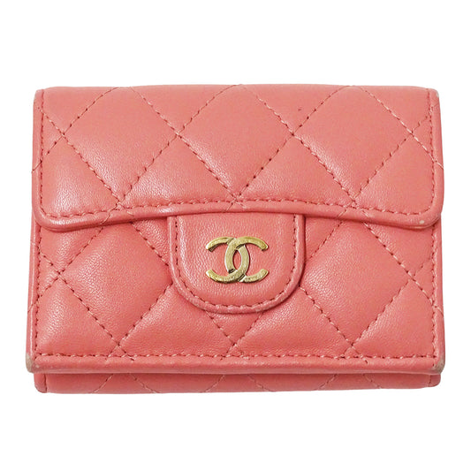 CHANEL シャネル 三つ折り財布 マトラッセ ピンク ゴールド金具 ラムスキン レディース 【中古】