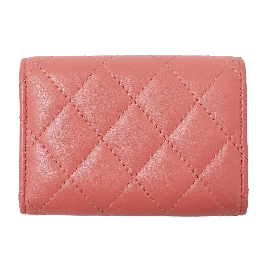 CHANEL シャネル 三つ折り財布 マトラッセ ピンク ゴールド金具 ラムスキン レディース 【中古】