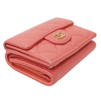 CHANEL シャネル 三つ折り財布 マトラッセ ピンク ゴールド金具 ラムスキン レディース 【中古】