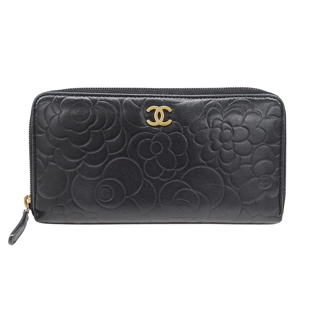 CHANEL シャネル 長財布 カメリア ブラック ゴールド金具 ラムスキン レディース 【中古】