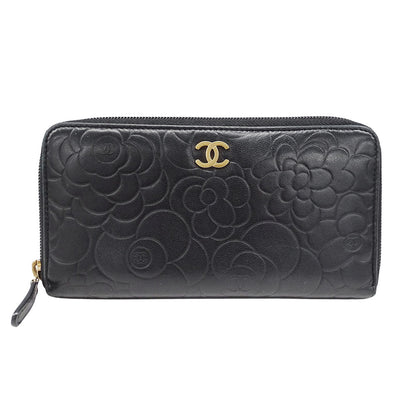 CHANEL シャネル 長財布 カメリア ブラック ゴールド金具 ラムスキン レディース 【中古】