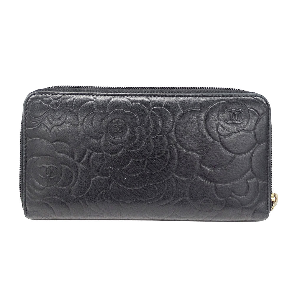 CHANEL シャネル 長財布 カメリア ブラック ゴールド金具 ラムスキン レディース 【中古】