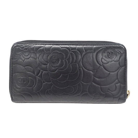 CHANEL シャネル 長財布 カメリア ブラック ゴールド金具 ラムスキン レディース 【中古】