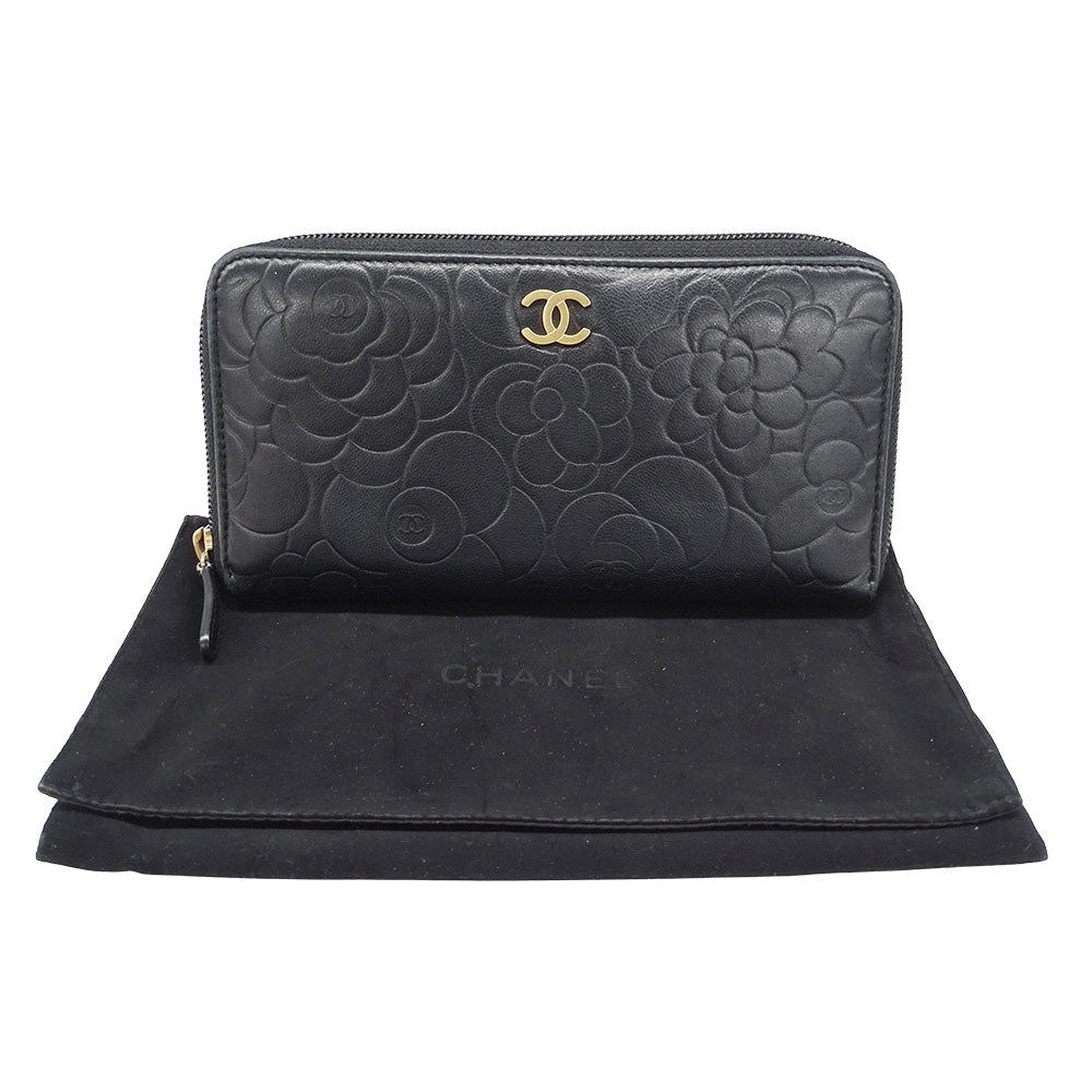 CHANEL シャネル 長財布 カメリア ブラック ゴールド金具 ラムスキン レディース 【中古】