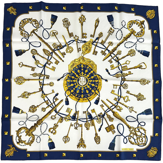 HERMES エルメス カレ90 LES CLES 鍵 スカーフ ネイビー シルク レディース 【中古】