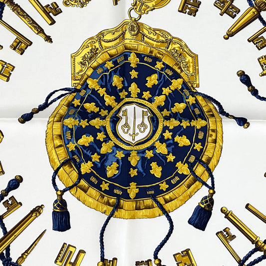 HERMES エルメス カレ90 LES CLES 鍵 スカーフ ネイビー シルク レディース 【中古】