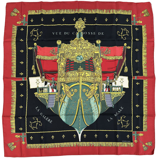 HERMES エルメス カレ90 VUE DU CARROSSE DE LA REALE クイーンの戴冠式 スカーフ ブラック レッド シルク レディース 【中古】