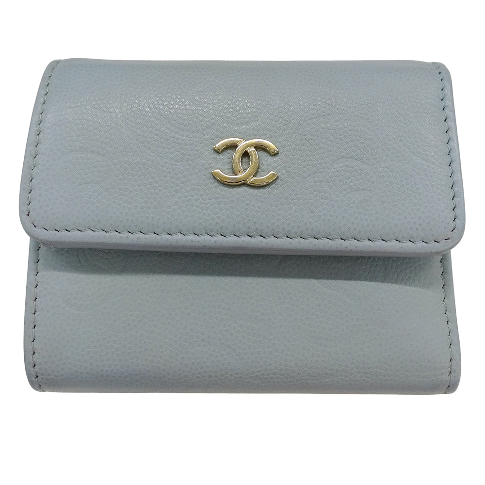 CHANEL シャネル カメリア 三つ折り財布 ライトブルー ゴールド金具 キャビアスキン レディース 【中古】