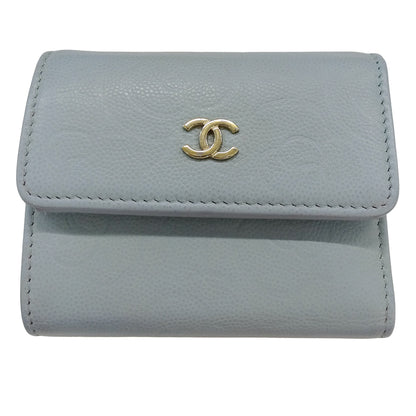 CHANEL シャネル カメリア 三つ折り財布 ライトブルー ゴールド金具 キャビアスキン レディース 【中古】