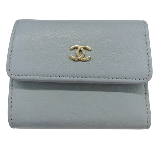 CHANEL シャネル カメリア 三つ折り財布 ライトブルー ゴールド金具 キャビアスキン レディース 【中古】