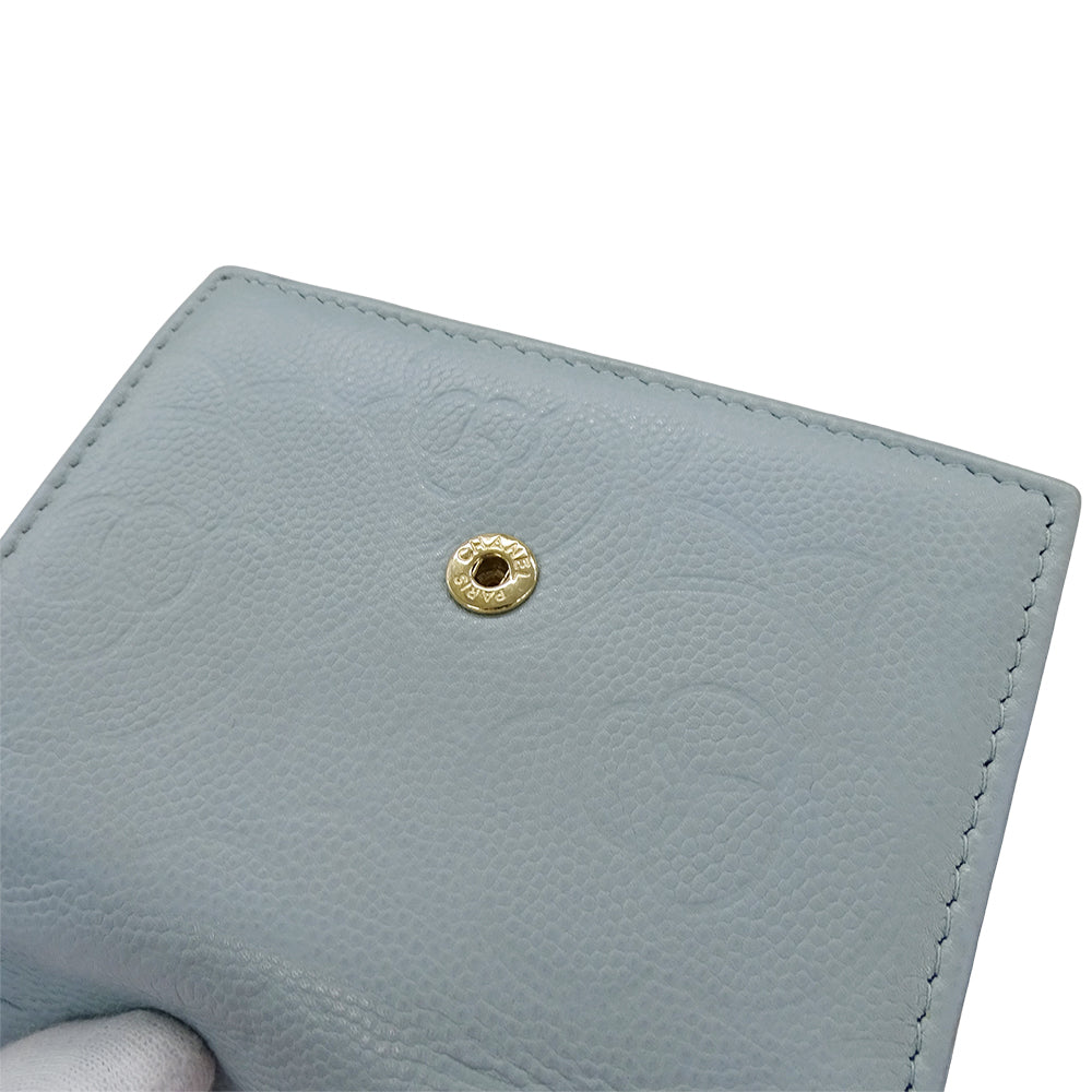 CHANEL シャネル カメリア 三つ折り財布 ライトブルー ゴールド金具 キャビアスキン レディース 【中古】