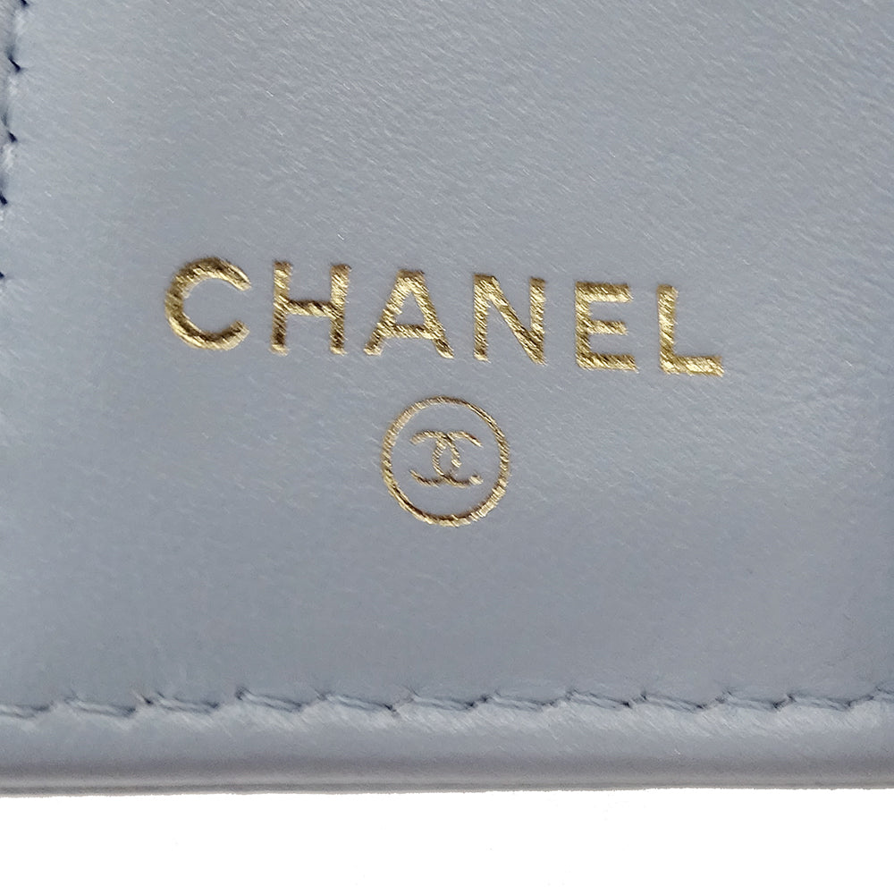 CHANEL シャネル カメリア 三つ折り財布 ライトブルー ゴールド金具 キャビアスキン レディース 【中古】