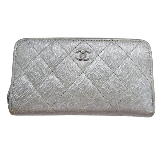 CHANEL シャネル マトラッセ 財布 ミディアムウォレット シルバー キャビアスキン ココマーク レディース 【中古】