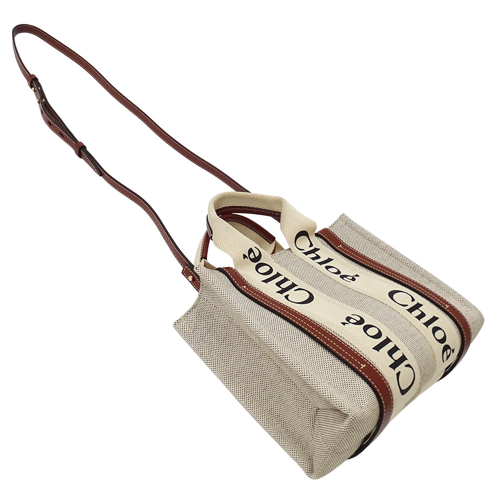 Chloe クロエ ウッディ スモール 2wayバッグ ベージュ ブラウン キャンバス レディース 【中古】