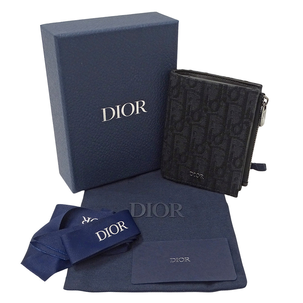 Dior ディオール 二つ折り財布 オブリーク ブラック ジャガード レディース 【中古】
