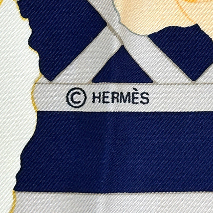 HERMES エルメス カレ90 ROSRRAIE バラ園 スカーフ ネイビー オレンジ シルク レディース 【中古】