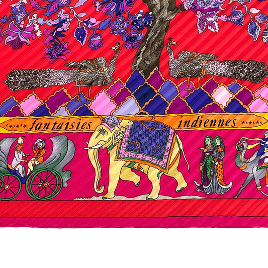 HERMES エルメス プリーツ Fantaisies indiennes 眩惑のインド スカーフ ピンク レッド シルク レディース 【中古】
