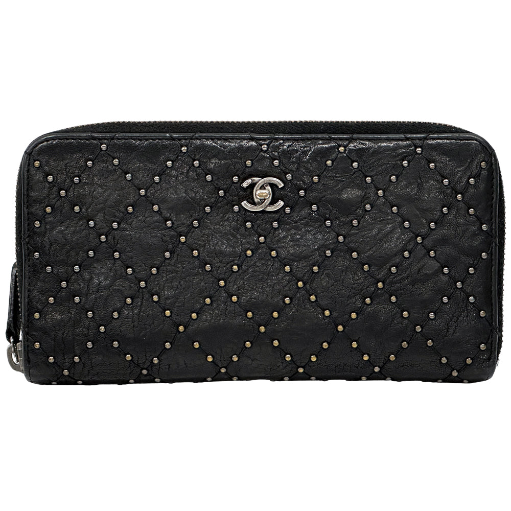 CHANEL シャネル 長財布 マトラッセ スタッズ ブラック シルバー金具 レザー レディース 【中古】