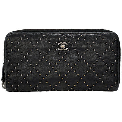 CHANEL シャネル 長財布 マトラッセ スタッズ ブラック シルバー金具 レザー レディース 【中古】