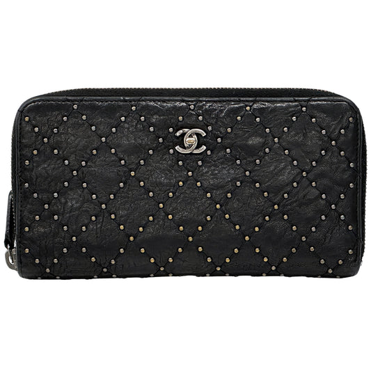CHANEL シャネル 長財布 マトラッセ スタッズ ブラック シルバー金具 レザー レディース 【中古】