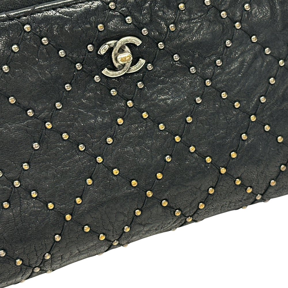 CHANEL シャネル 長財布 マトラッセ スタッズ ブラック シルバー金具 レザー レディース 【中古】