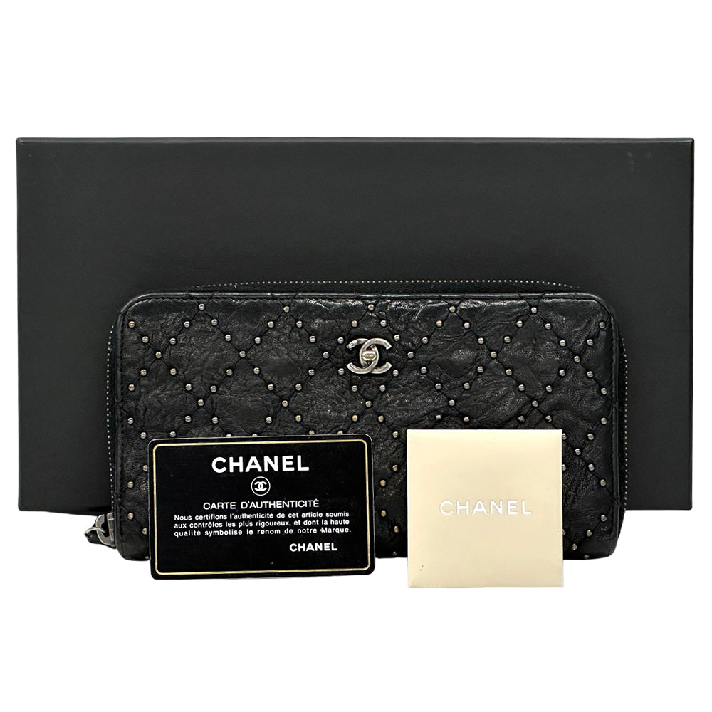 CHANEL シャネル 長財布 マトラッセ スタッズ ブラック シルバー金具 レザー レディース 【中古】