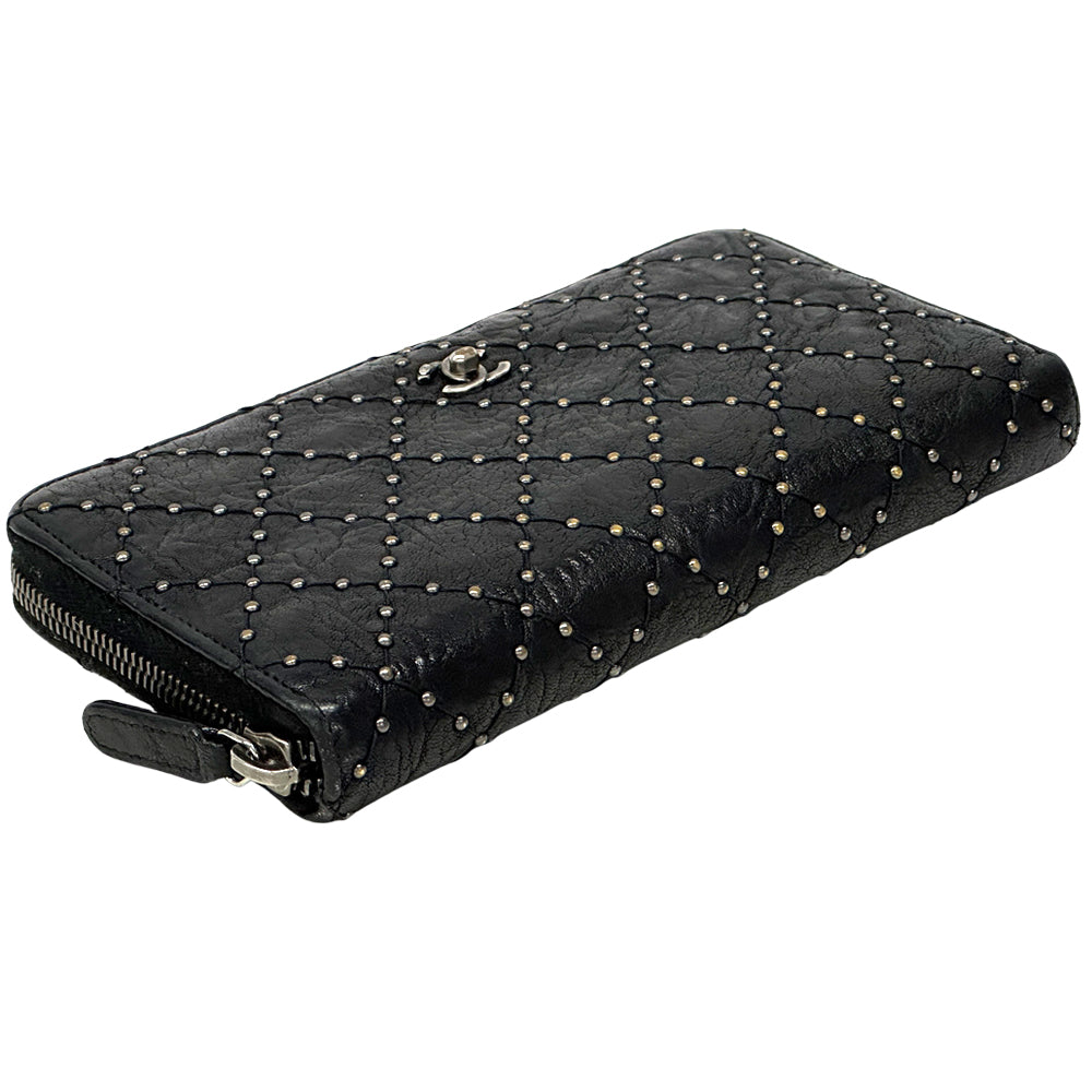 CHANEL シャネル 長財布 マトラッセ スタッズ ブラック シルバー金具 レザー レディース 【中古】