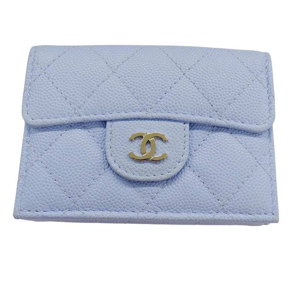 CHANEL シャネル マトラッセ 三つ折り財布 ライトブルー ゴールド金具 キャビアスキン レディース 【中古】
