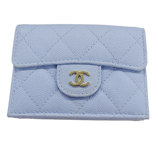 CHANEL シャネル マトラッセ 三つ折り財布 ライトブルー ゴールド金具 キャビアスキン レディース 【中古】