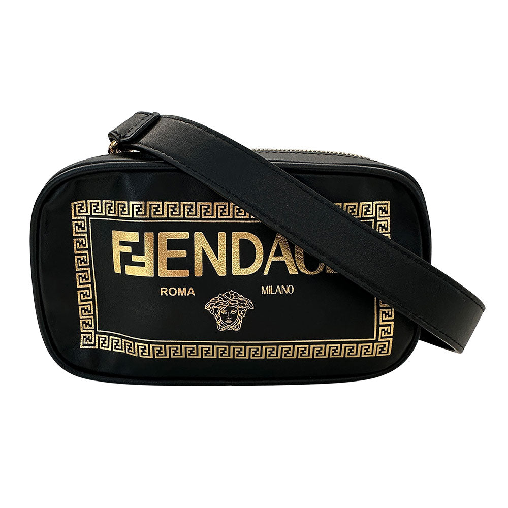 FENDI フェンディ フェンダーチェ ヴェルサーチ ショルダーバッグ ブラック レザー メンズ 【中古】