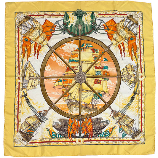 HERMES エルメス カレ90 vive le vent 風よ吹け スカーフ イエロー マルチカラー シルク レディース 【中古】