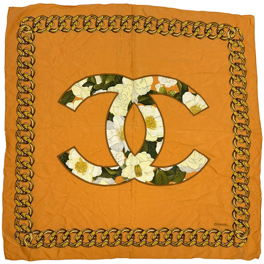 CHANEL シャネル スカーフ ココマーク オレンジ マルチカラー カメリア 花柄 チェーン シルク レディース 【中古】