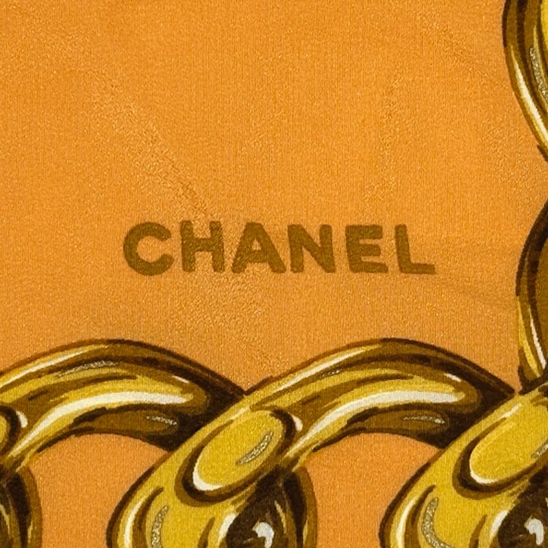CHANEL シャネル スカーフ ココマーク オレンジ マルチカラー カメリア 花柄 チェーン シルク レディース 【中古】