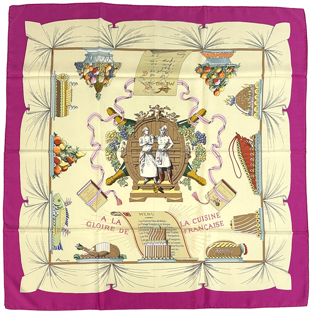 HERMES エルメス カレ90 LA GLOIRE DE LA CUISINE FRANCAISE フランス料理を讃えて スカーフ ピンク マルチカラー シルク レディース 【中古】