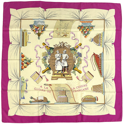 HERMES エルメス カレ90 LA GLOIRE DE LA CUISINE FRANCAISE フランス料理を讃えて スカーフ ピンク マルチカラー シルク レディース 【中古】