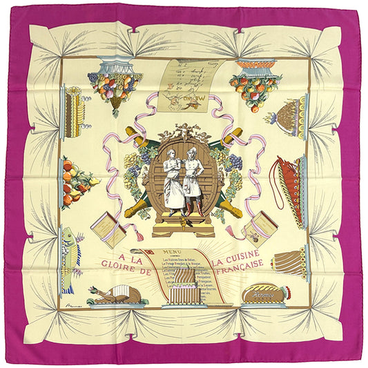 HERMES エルメス カレ90 LA GLOIRE DE LA CUISINE FRANCAISE フランス料理を讃えて スカーフ ピンク マルチカラー シルク レディース 【中古】