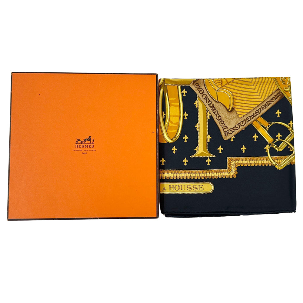 HERMES エルメス カレ90 SELLES A HOUSSE カバーへの腰掛け スカーフ ブラック イエロー シルク レディース 【中古】