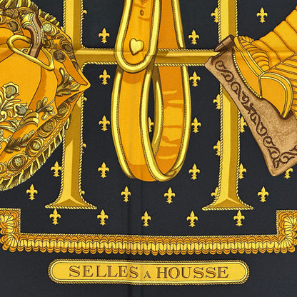 HERMES エルメス カレ90 SELLES A HOUSSE カバーへの腰掛け スカーフ ブラック イエロー シルク レディース 【中古】