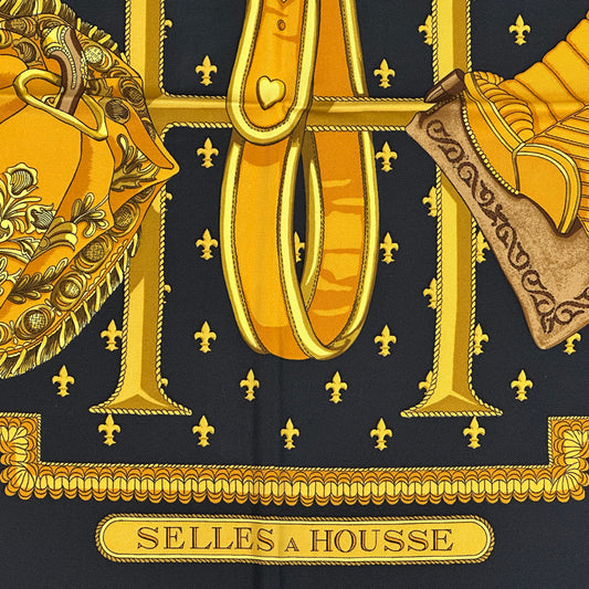 HERMES エルメス カレ90 SELLES A HOUSSE カバーへの腰掛け スカーフ ブラック イエロー シルク レディース 【中古】