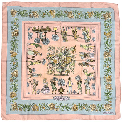 HERMES エルメス カレ90 Les Jardiniers du Roy 庭師のロイ スカーフ ピンク ライトブルー シルク レディース 【中古】