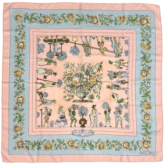 HERMES エルメス カレ90 Les Jardiniers du Roy 庭師のロイ スカーフ ピンク ライトブルー シルク レディース 【中古】