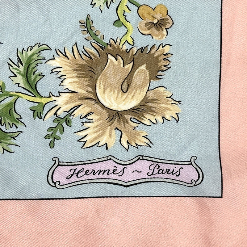 HERMES エルメス カレ90 Les Jardiniers du Roy 庭師のロイ スカーフ ピンク ライトブルー シルク レディース 【中古】