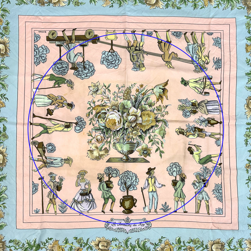 HERMES エルメス カレ90 Les Jardiniers du Roy 庭師のロイ スカーフ ピンク ライトブルー シルク レディース 【中古】