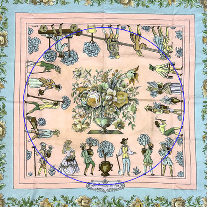 HERMES エルメス カレ90 Les Jardiniers du Roy 庭師のロイ スカーフ ピンク ライトブルー シルク レディース 【中古】