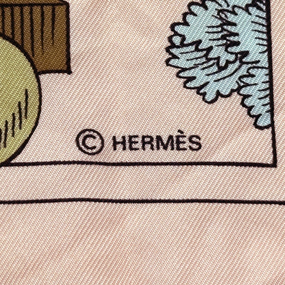 HERMES エルメス カレ90 Les Jardiniers du Roy 庭師のロイ スカーフ ピンク ライトブルー シルク レディース 【中古】