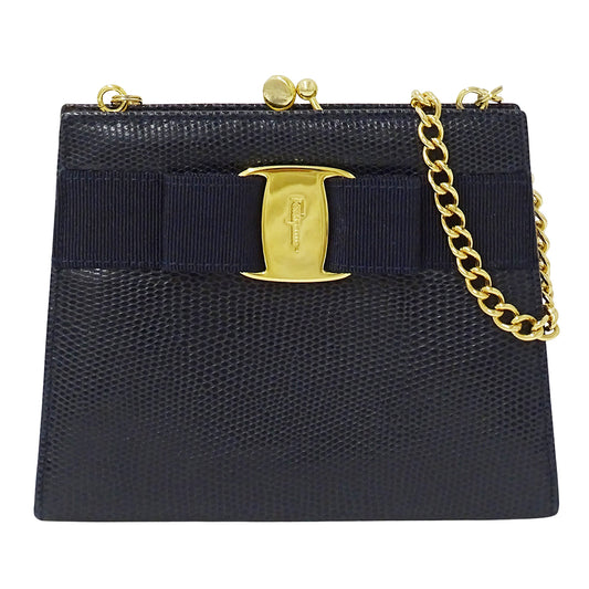Ferragamo フェラガモ ショルダーバッグ ヴァラリボン ネイビー レザー レディース 【中古】