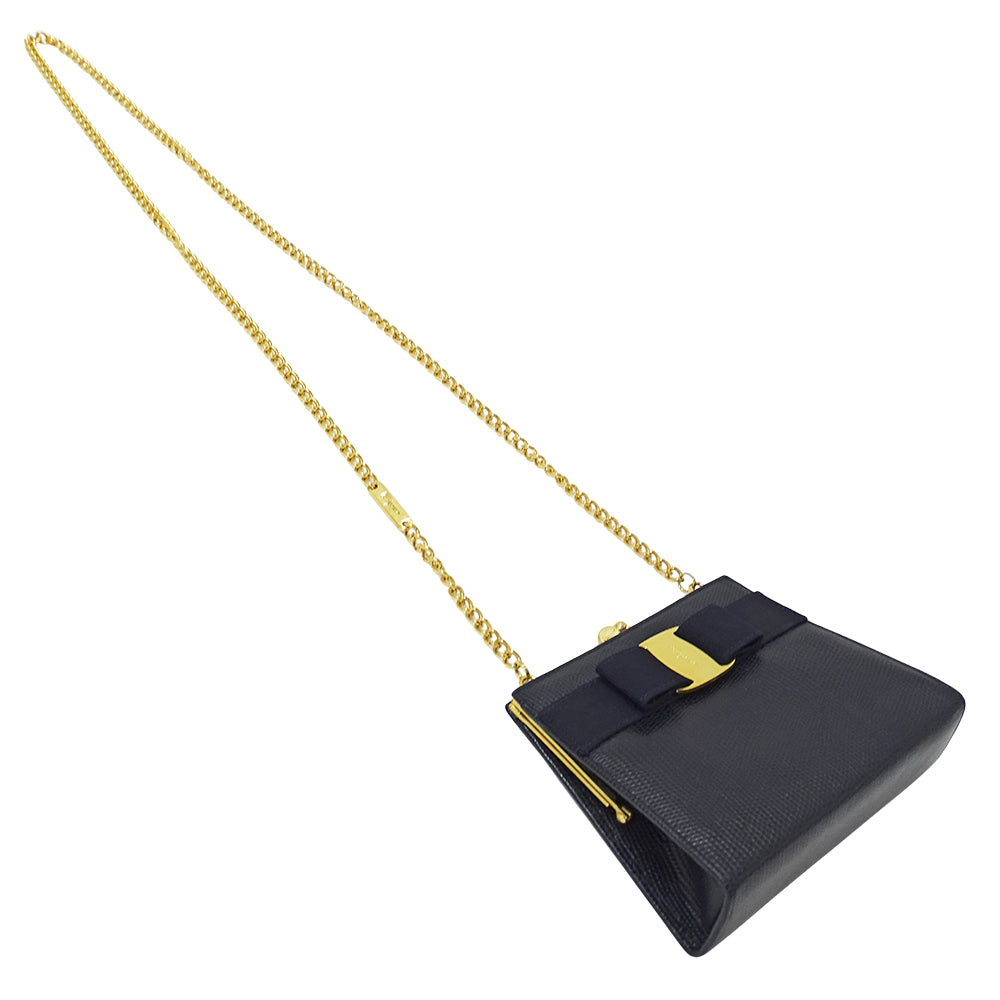 Ferragamo フェラガモ ショルダーバッグ ヴァラリボン ネイビー レザー レディース 【中古】