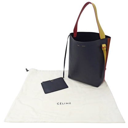 CELINE セリーヌ カバ トートバッグ ショルダーバッグ ネイビー オレンジ レザー レディース 【中古】
