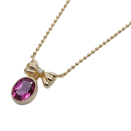 TASAKI タサキ ネックレス K18YG ピンクトルマリン ダイヤモンド D0.01 リボン ゴールド レディース 磨き済み【中古】