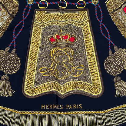 HERMES エルメス カレ90 Poste et Cavalerie サーベル飾袋 スカーフ ブラック マルチカラー シルク レディース 【中古】